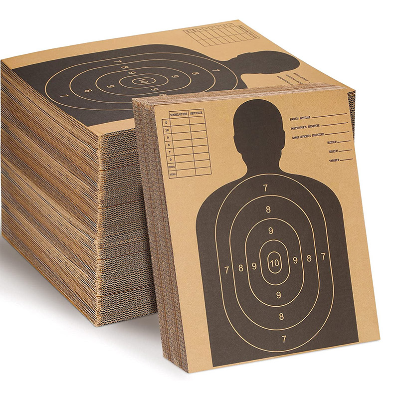 Stack of B-27 brown kraft paper silhouette shooting targets with concentric scoring rings numbered 7 through 10 and a human torso silhouette, shown in bulk quantity.