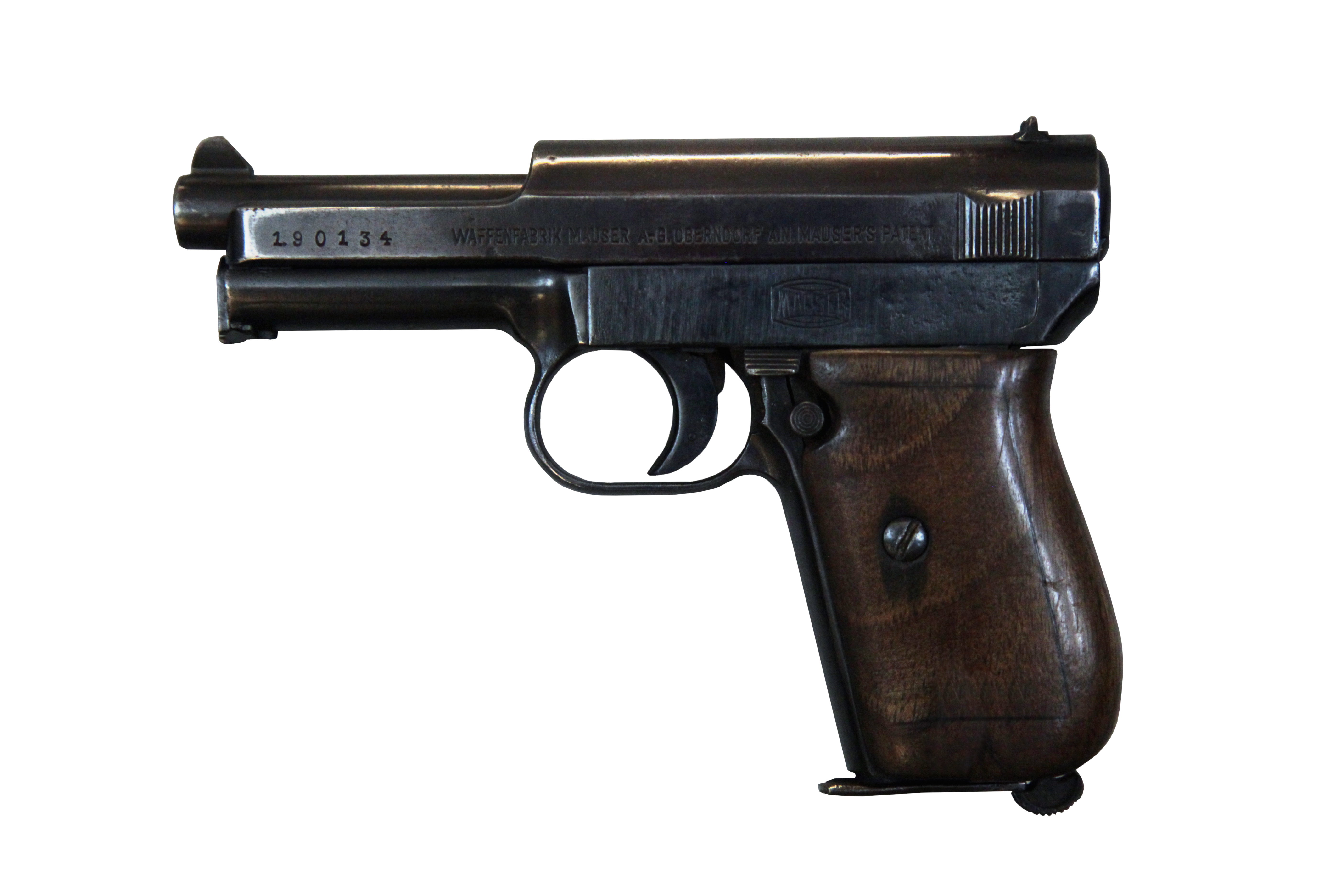 Left-side profile of a Mauser Model 1914 semi-automatic pistol with blued finish and walnut grips against a white background.