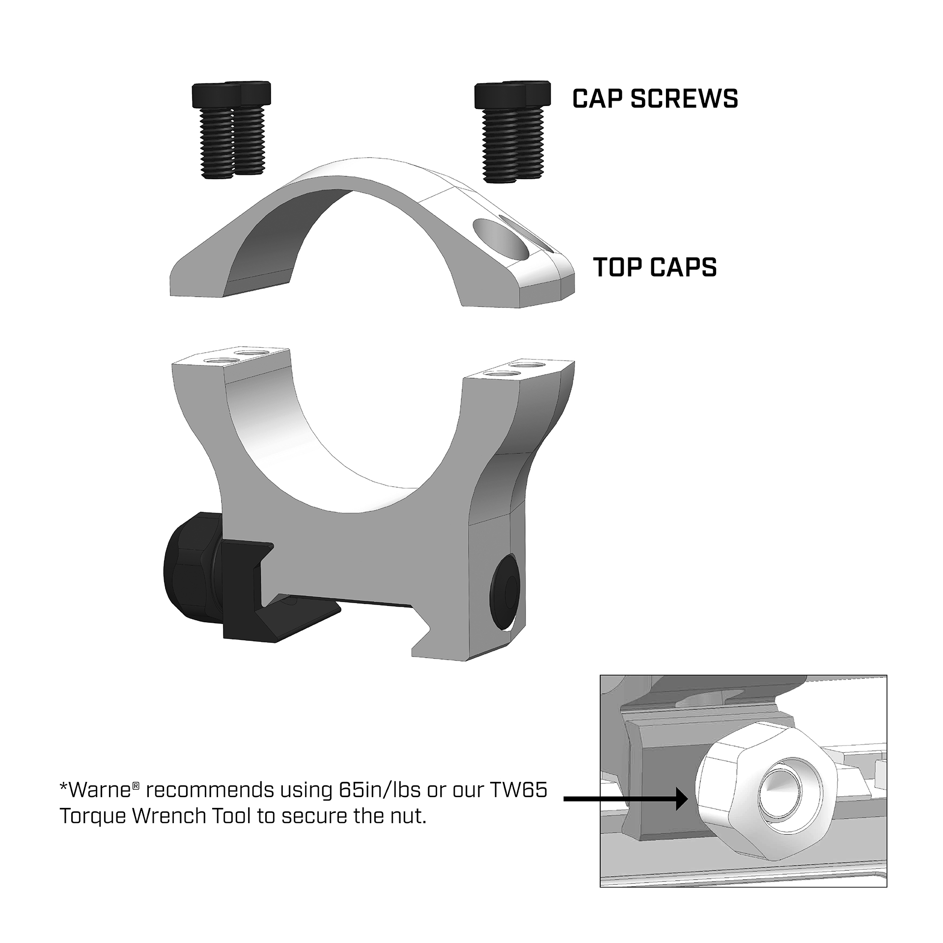 Exploded diagram of a Warne scope ring showing top caps, cap screws, and base nut, with a callout recommending 65 in/lbs torque for the mounting nut.