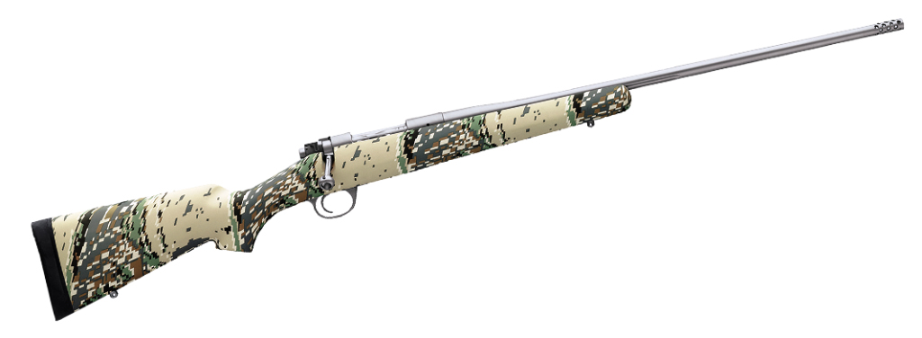Bolt-action rifle with stainless steel barrel and camouflage synthetic stock on white background.