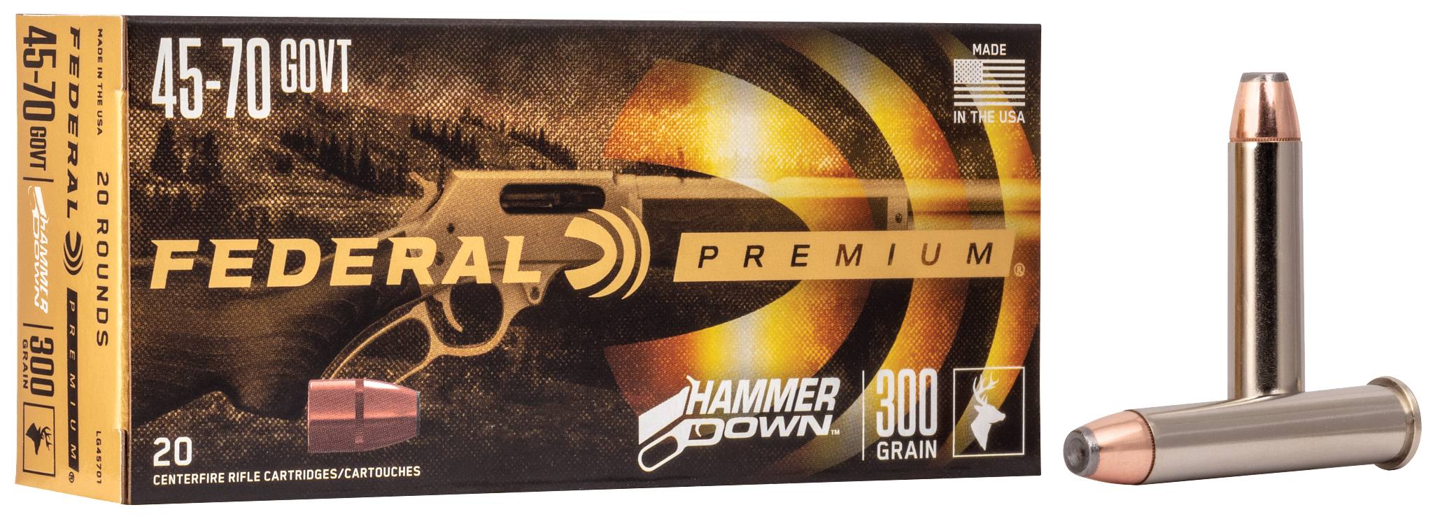 Box of Federal Premium HammerDown 45-70 Government 300 grain ammunition with two cartridges displayed beside it on a white background.