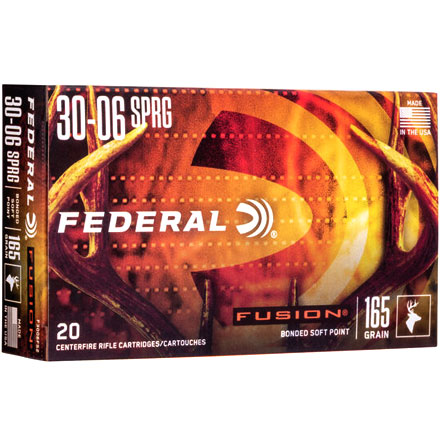 Box of Federal Fusion 30-06 Springfield 165-grain bonded soft point centerfire rifle ammunition, 20 rounds.