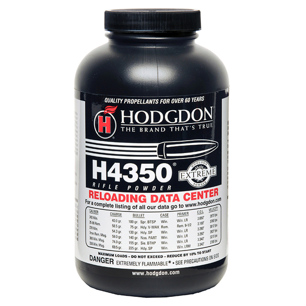One-pound jug of Hodgdon H4350 Extreme rifle powder with reloading data chart on label