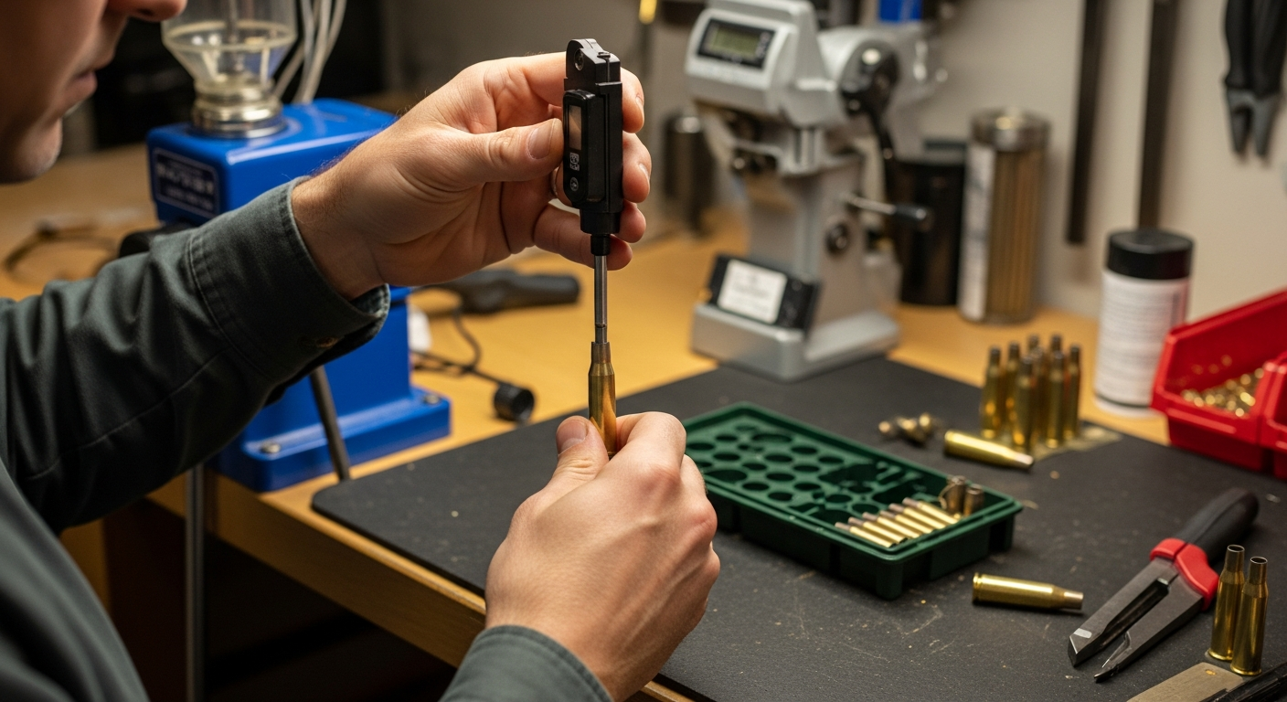 Reloader using digital calipers to measure a rifle cartridge at a workbench with reloading equipment, brass cases, and a green loading tray in the background.
