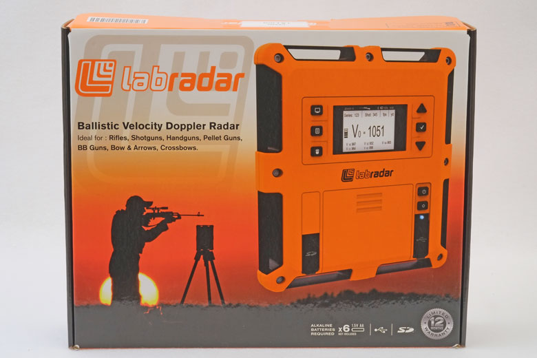 Retail box for the LabRadar Ballistic Velocity Doppler Radar chronograph, showing the orange device and product specifications.