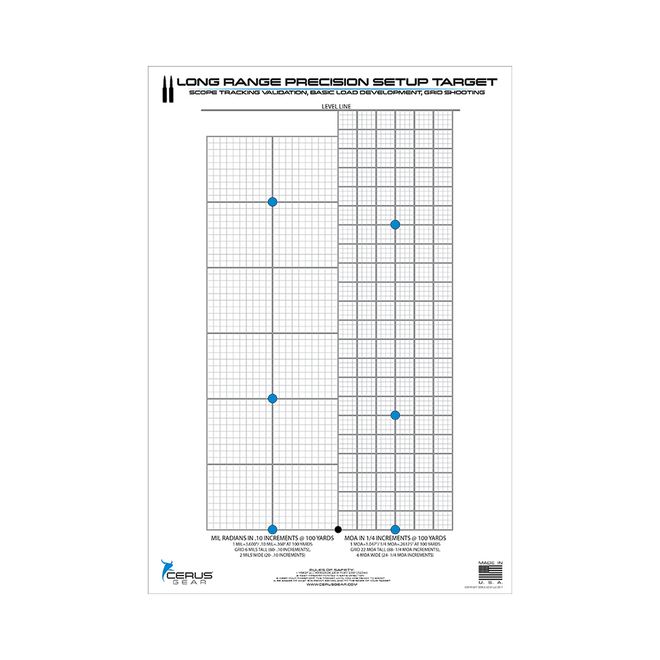 Cerus Gear long range precision setup target with mil and MOA grid sections, blue aiming dots, and labeled increment scales for scope tracking validation.