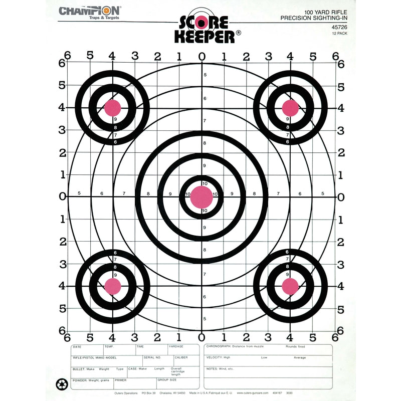 Champion Score Keeper 100-yard rifle precision sighting-in target with five bullseyes, scoring rings, and a grid overlay for measuring shot dispersion.