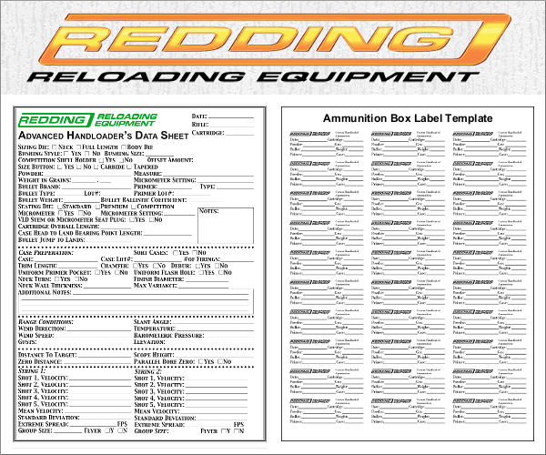 Redding Reloading Equipment Advanced Handloader's Data Sheet and Ammunition Box Label Template forms