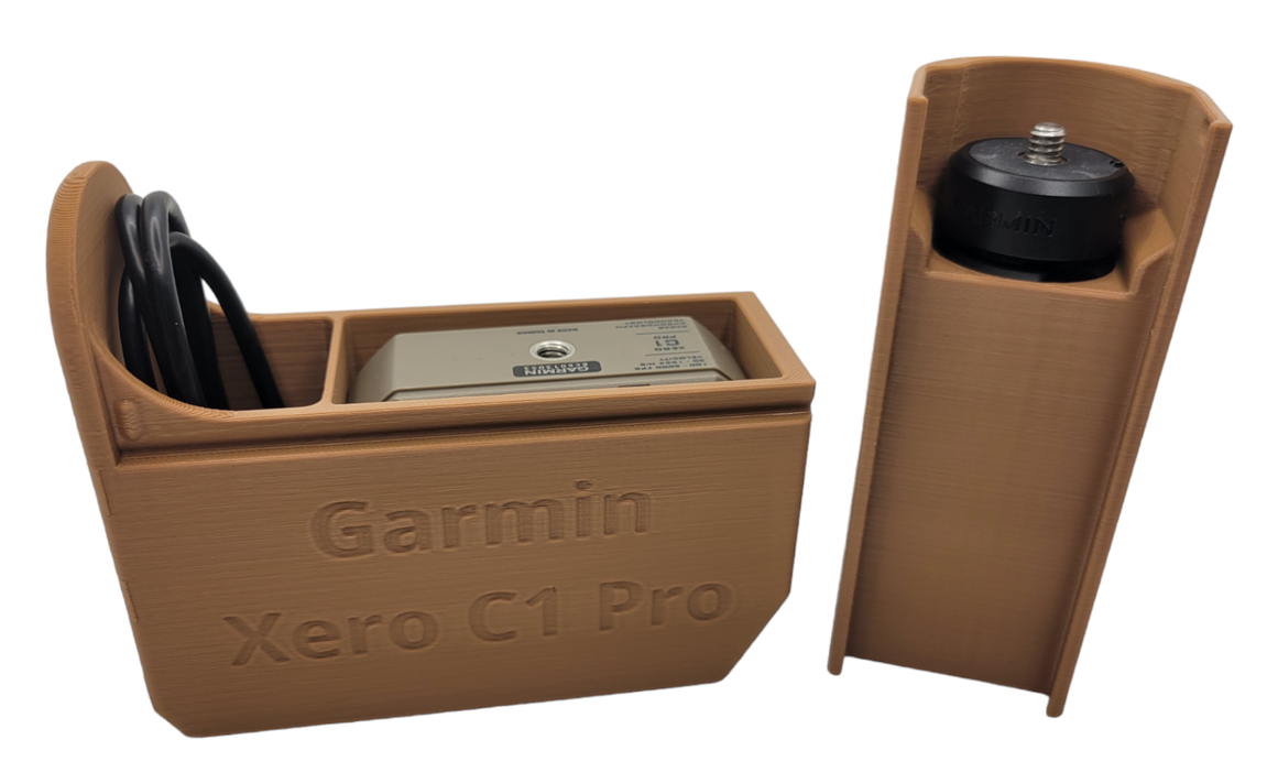 3D-printed storage organizer for Garmin Xero C1 Pro chronograph with cable and tripod mount adapter