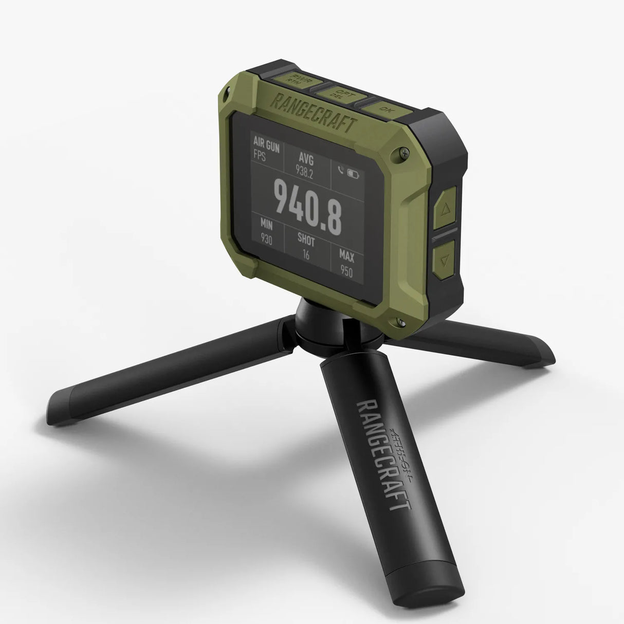 Rangecraft optical chronograph on tripod showing 940.8 FPS air gun reading with shot string statistics