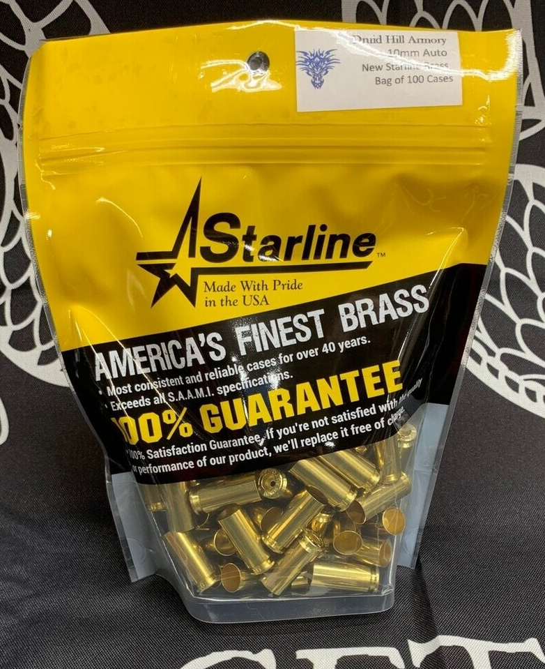 Bag of 100 Starline 10mm Auto unprimed brass reloading cases in yellow resealable packaging