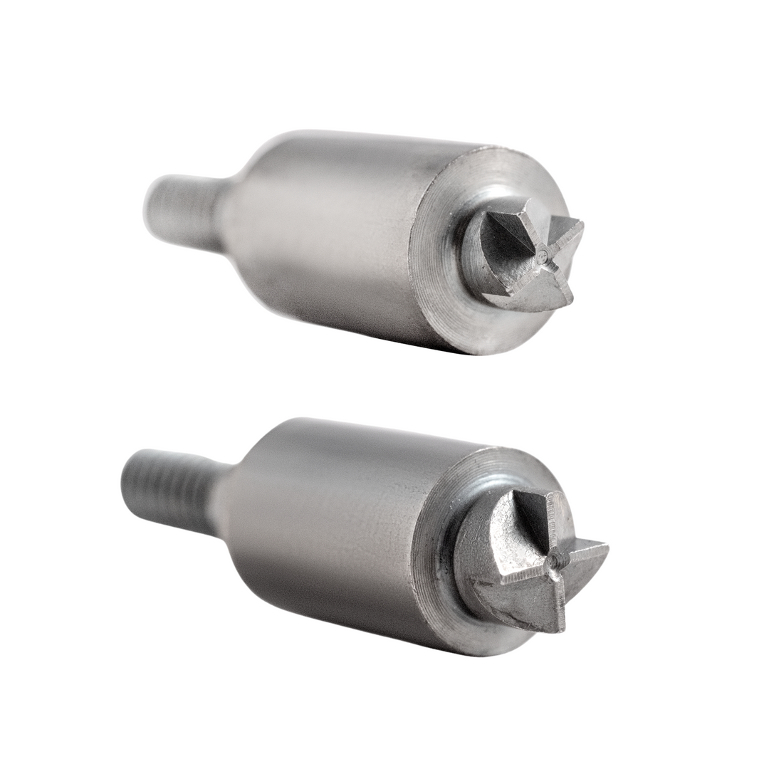 Two metal primer pocket uniformer tools with cross-blade cutting heads, used in cartridge case preparation for reloading.