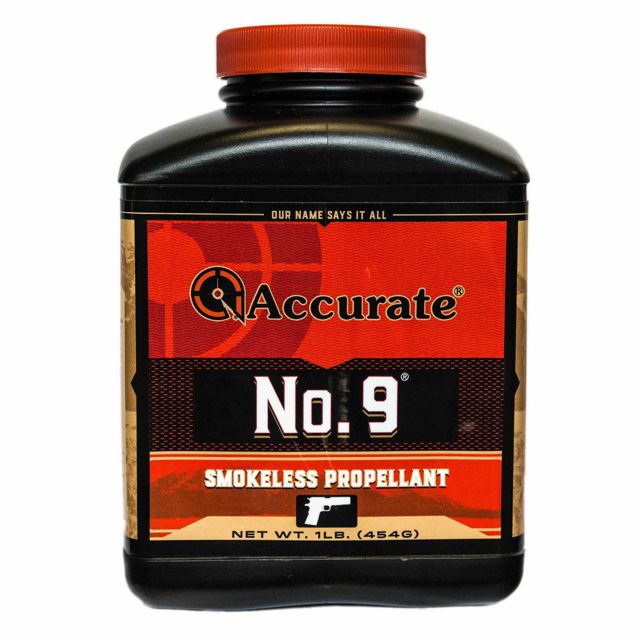 1 lb canister of Accurate No. 9 smokeless propellant for handgun reloading, 454g