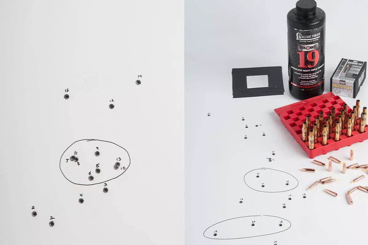 Rifle reloading components including Alliant Reloder 19 powder, brass cases, Nosler Ballistic Tip bullets, and shot group targets