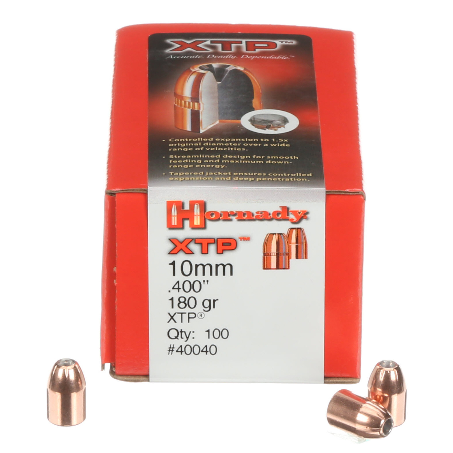 Hornady XTP 10mm 180-grain hollow point bullets, box of 100 with two projectiles displayed in front
