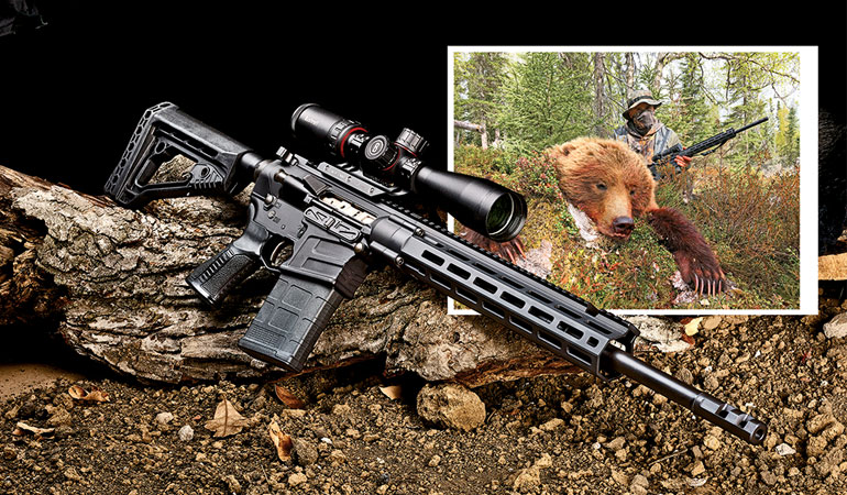 AR-10 style .308 semi-auto rifle with magnified scope, inset showing hunter with harvested bear