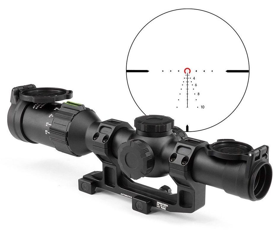 LPVO rifle scope on cantilever mount with illuminated reticle showing red center dot and BDC hashmarks