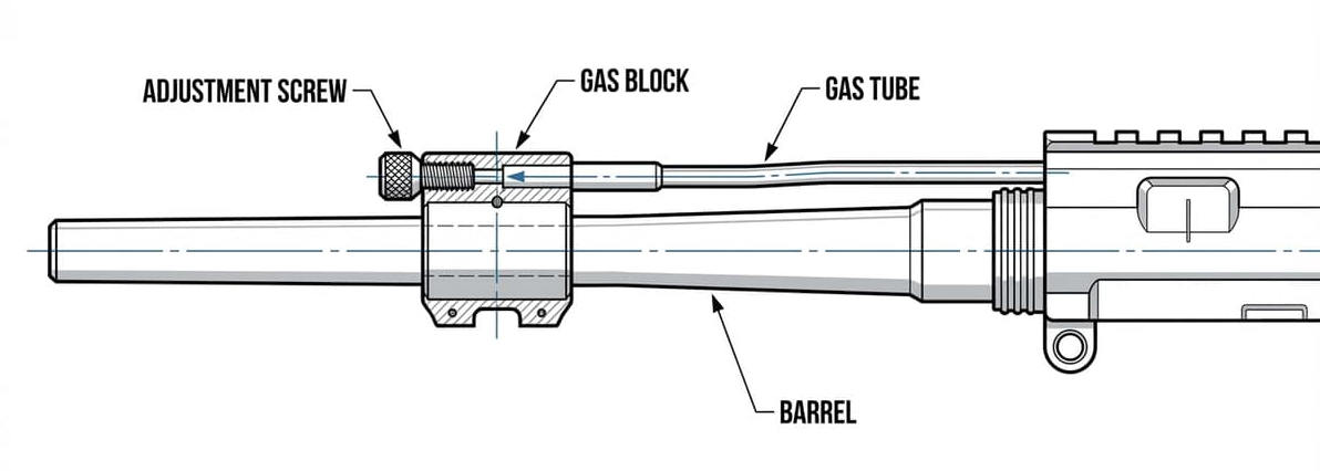 Labeled diagram of AR rifle adjustable gas block showing adjustment screw, gas block, gas tube, and barrel
