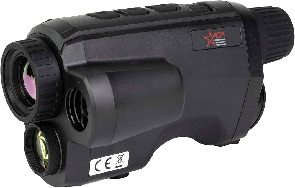 AGM Fuzion TM25-384 thermal fusion monocular shown from the front-left angle, displaying dual objective lenses, top control buttons, and AGM branding on the housing.