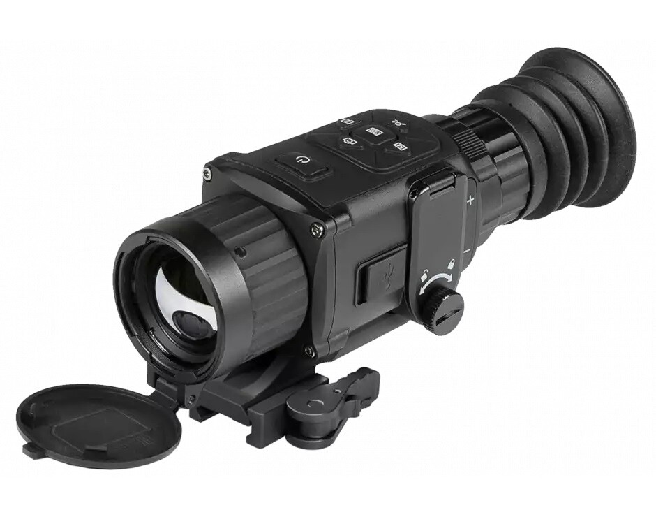 AGM Rattler TS25-384 thermal riflescope shown from a front-angle view with lens cap open and quick-detach mount attached, isolated on white background.