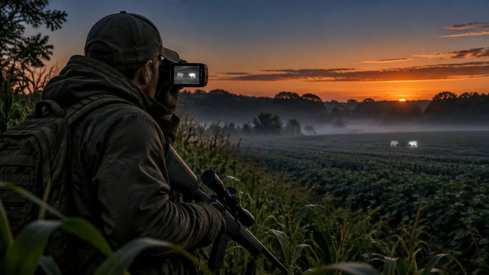 Hunter using a handheld thermal monocular to scan a misty agricultural field at sunset, bolt-action rifle with scope resting nearby, deer visible in the field.