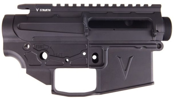 V Seven Weapon Systems AR-15 matched upper and lower receiver set in matte black, shown from the left side with FIRE/SAFE markings and V Seven branding visible.