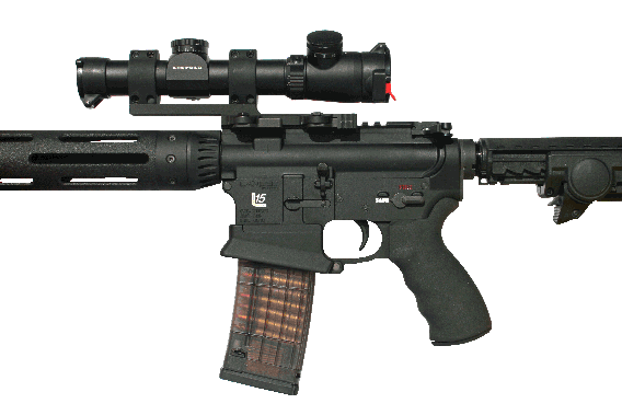 AR-15 with L15 lower receiver, M-LOK handguard, Magpul magazine, and Leupold scope on white background.