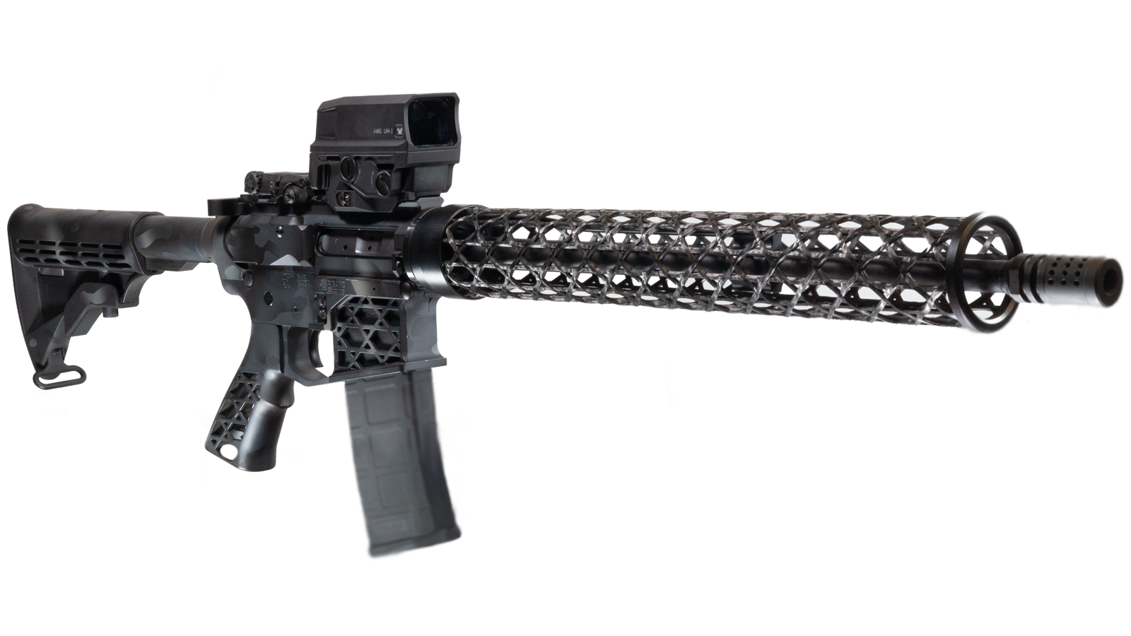 AR-15 rifle with skeletonized lattice handguard, skeletonized lower receiver, muzzle brake, and holographic red dot sight on white background.