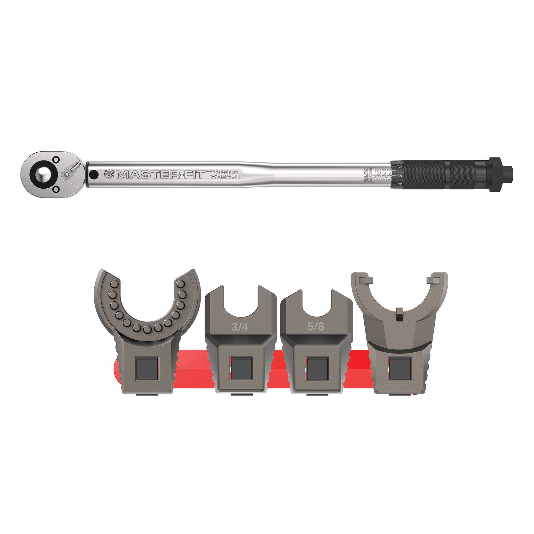 Master-Fit click-style torque wrench with four interchangeable open-end crowfoot wrench heads in various sizes, displayed on a white background.