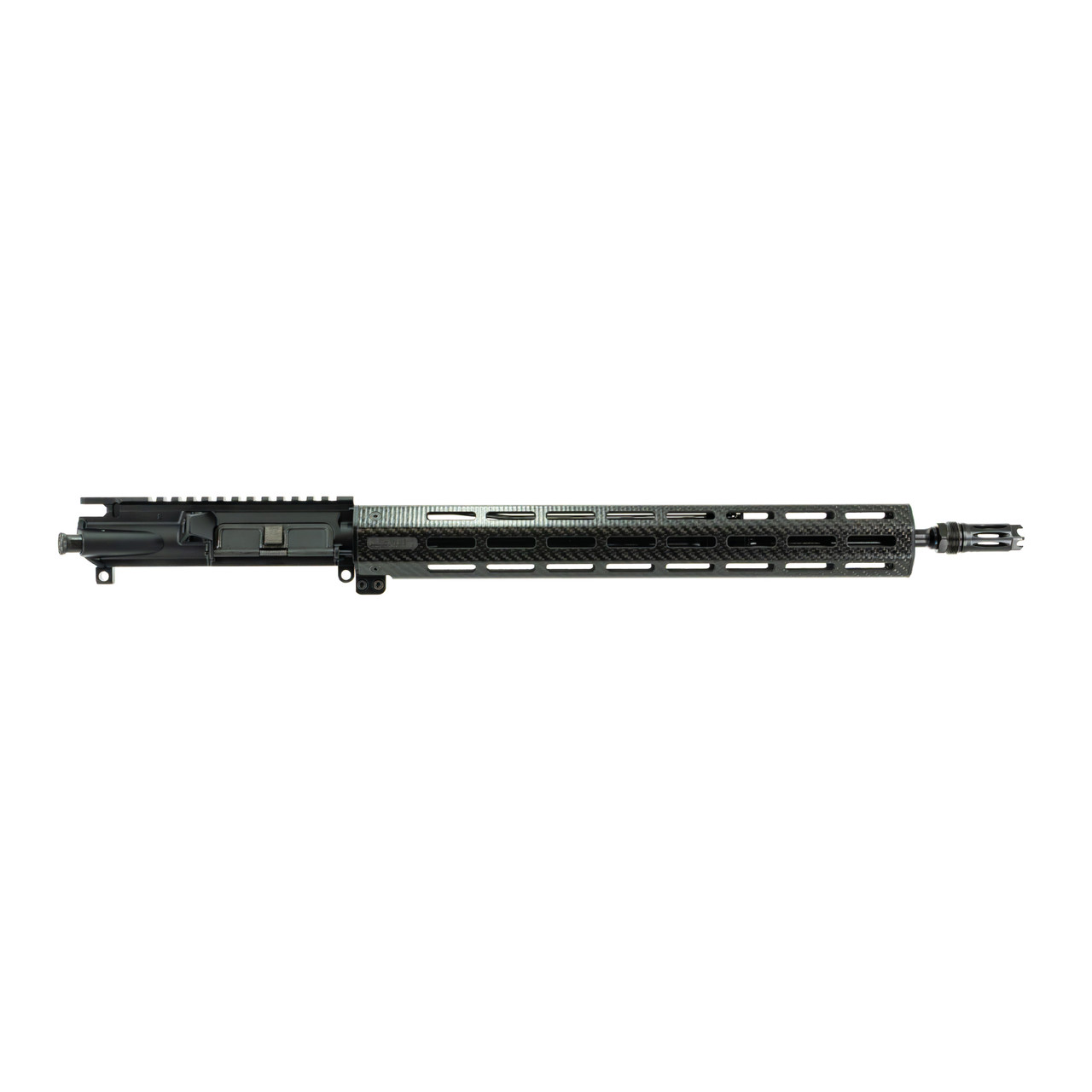 AR-15 upper receiver assembly with carbon fiber M-LOK handguard and muzzle brake on a white background.