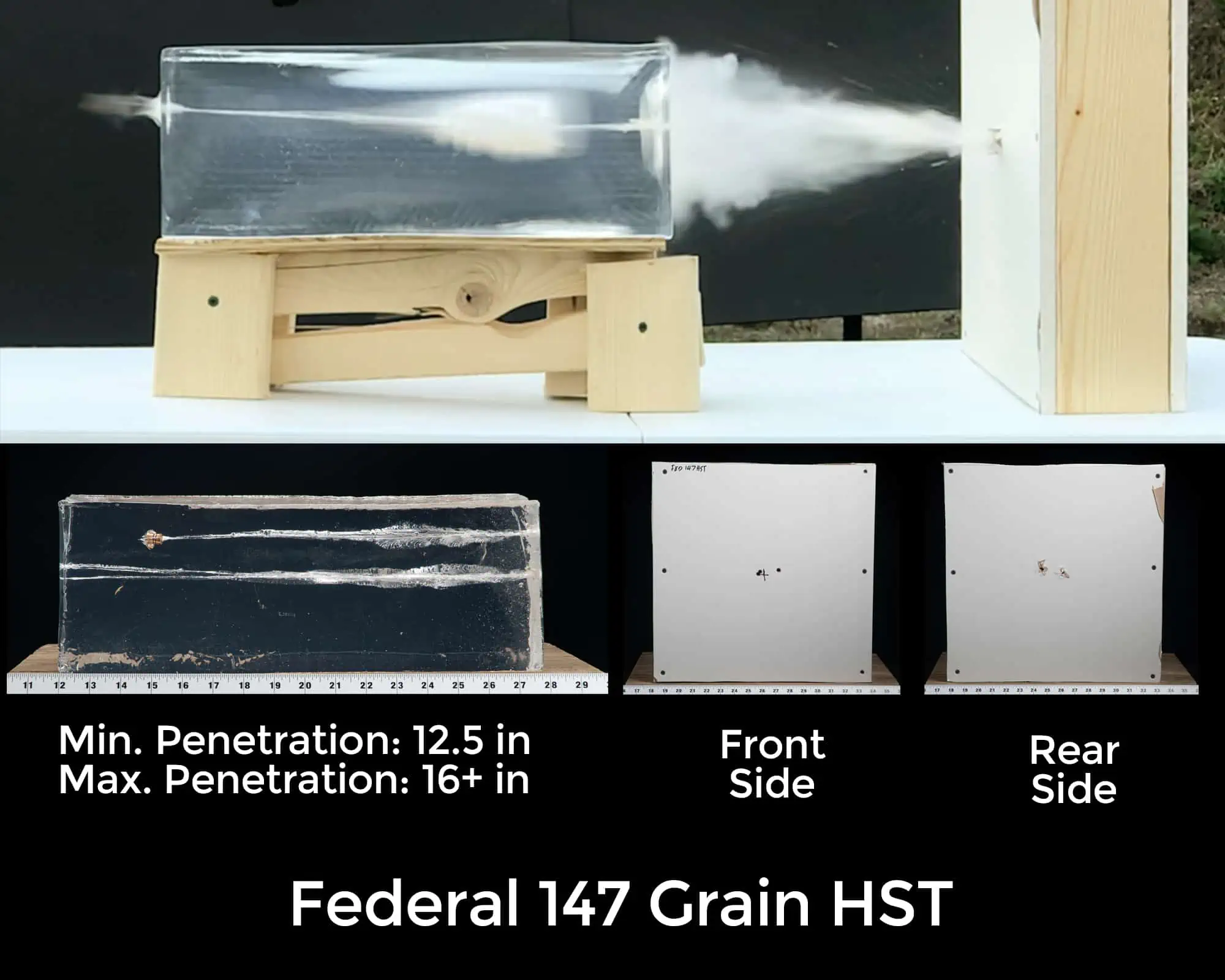 Ballistic gelatin test of Federal 147 grain HST ammunition showing penetration depth measurement, recovered bullet in gel block, and front and rear target panels with bullet holes.