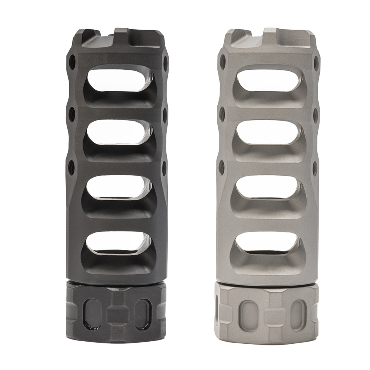 Two muzzle brakes with oval baffles in black and gray finishes, side by side on white background.