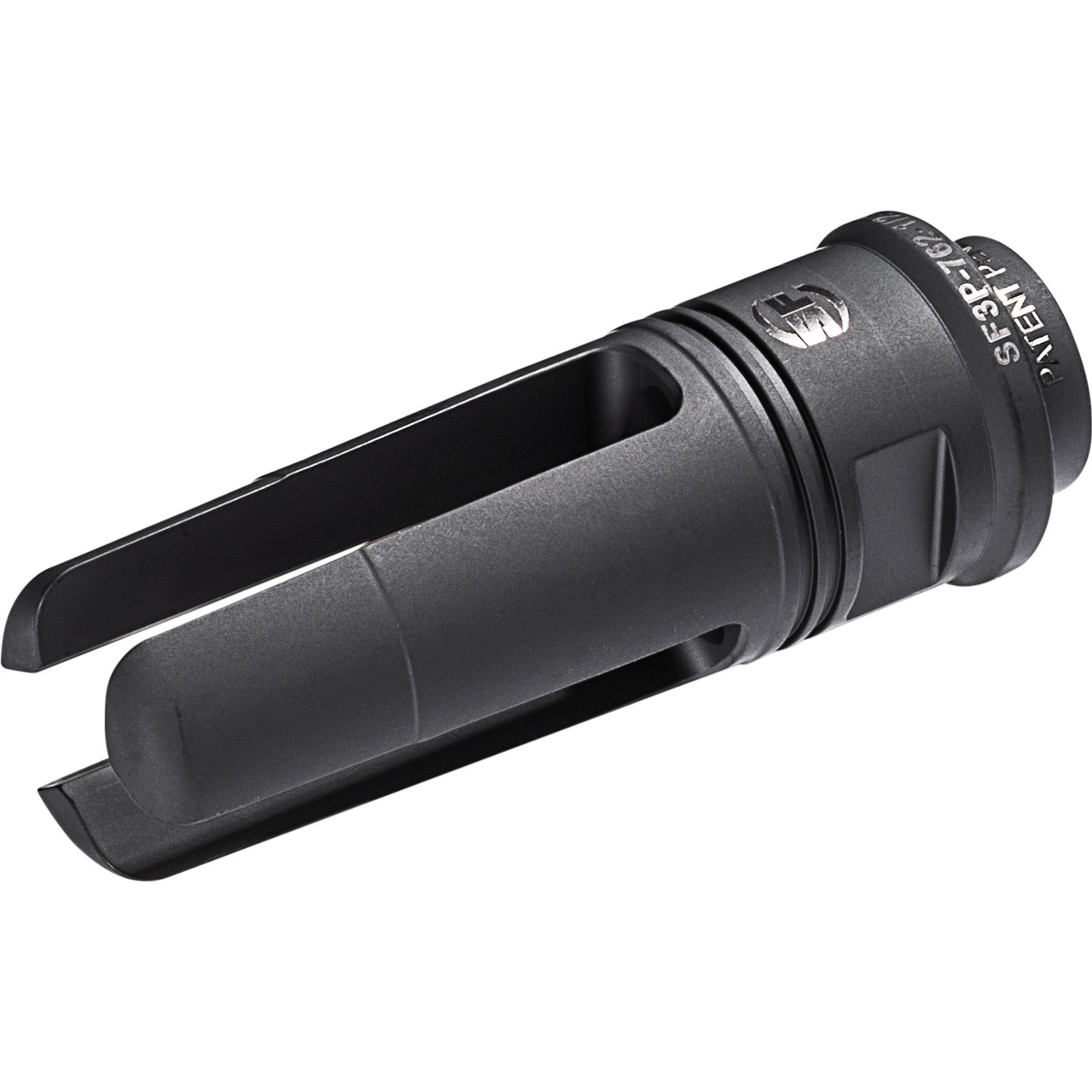 SureFire three-prong flash hider in matte black, side view showing open prong gas ports