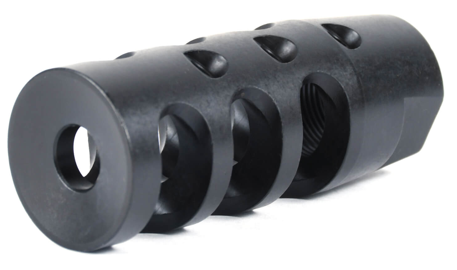Black multi-port muzzle brake compensator with three chambers and top vents for AR-15