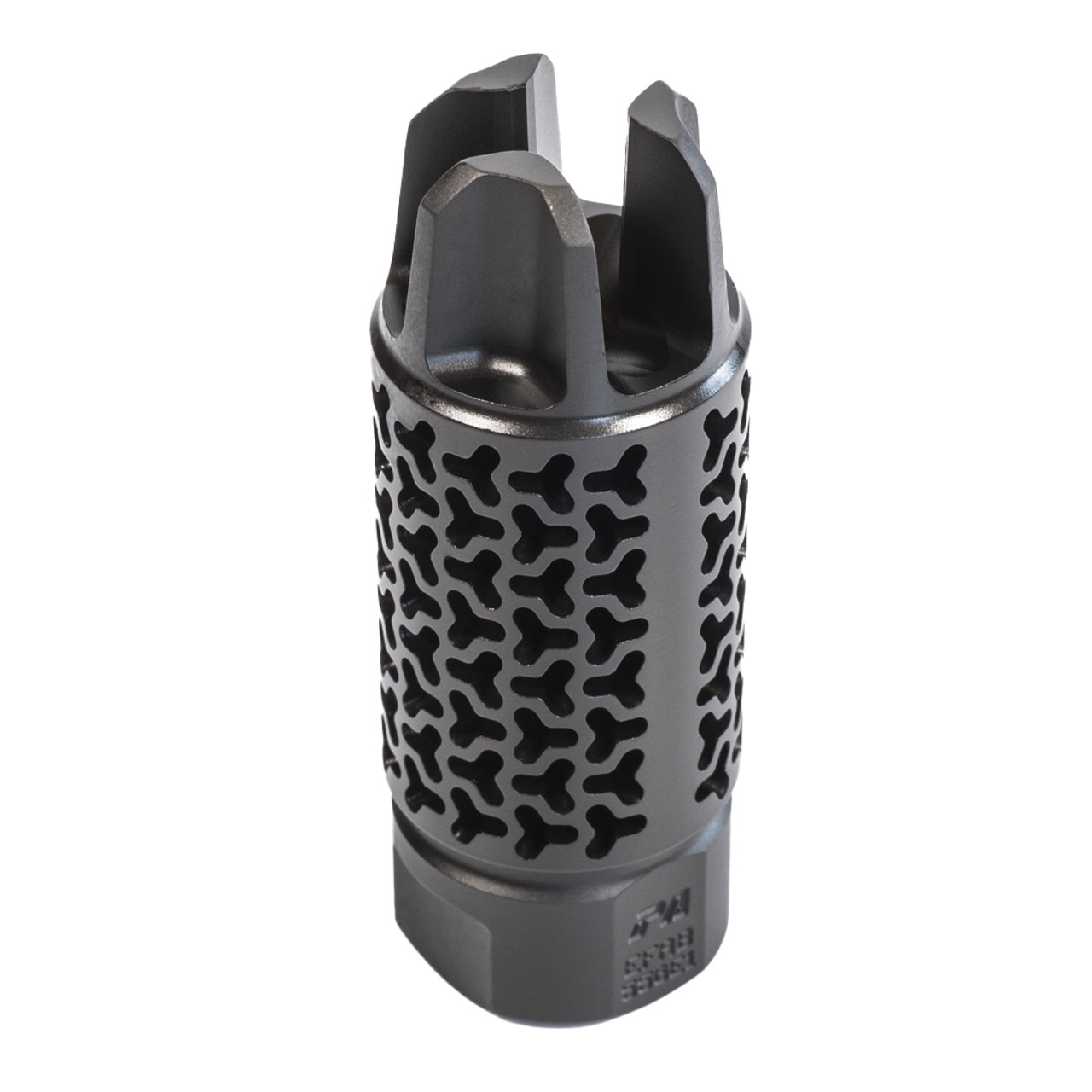 Multi-port muzzle brake/compensator with laser-cut pattern, standalone product photo on white background