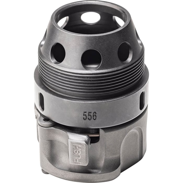 SureFire WARCOMP 556 muzzle device showing three-prong flash hider cage and quick-detach suppressor mount base