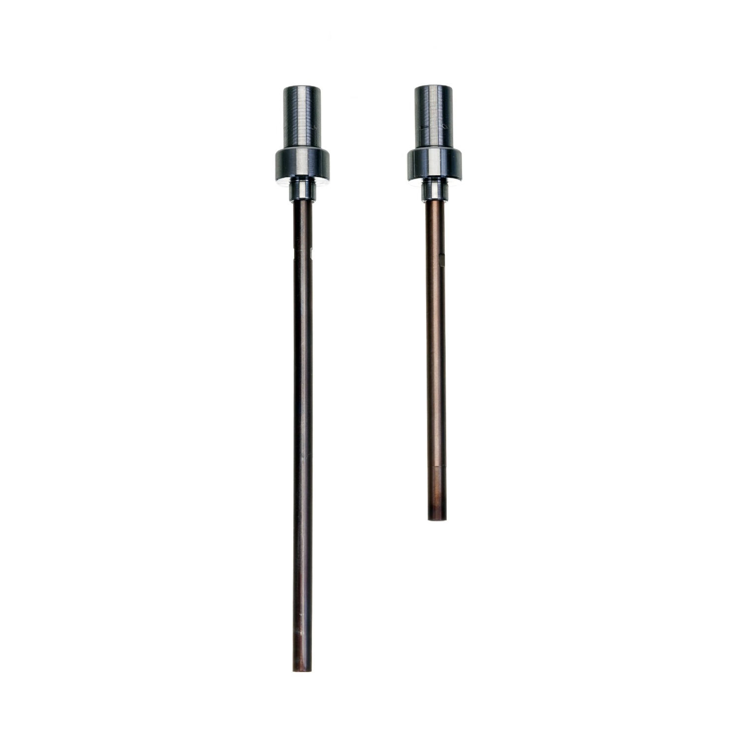 Two decapping die pins with cylindrical guide heads shown side by side against a white background, one longer than the other.