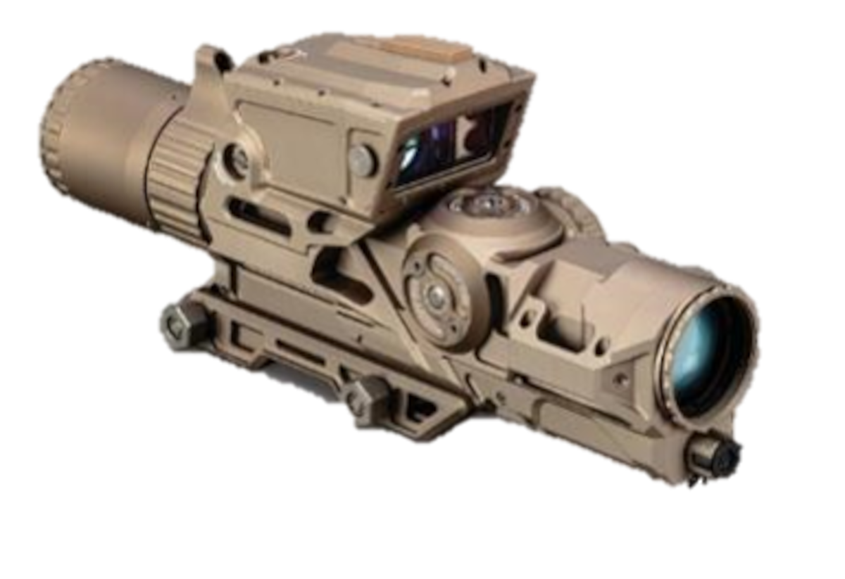 Vortex XM157 fire control optic in flat dark earth finish, shown in profile with integrated laser rangefinder module and digital display unit mounted on top of the main scope body.