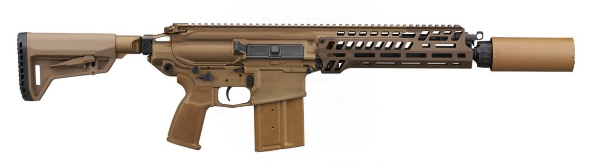 SIG Sauer MCX Spear LT short-barreled rifle in coyote tan finish with suppressor attached, shown in profile against a white background.