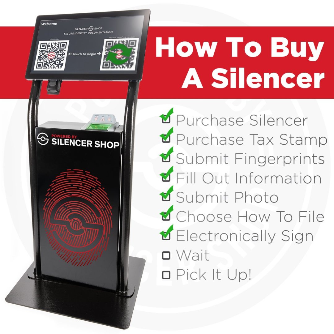 Silencer Shop branded kiosk with touchscreen display, fingerprint scanner, and step-by-step silencer purchase checklist including tax stamp, fingerprints, and eFile submission.