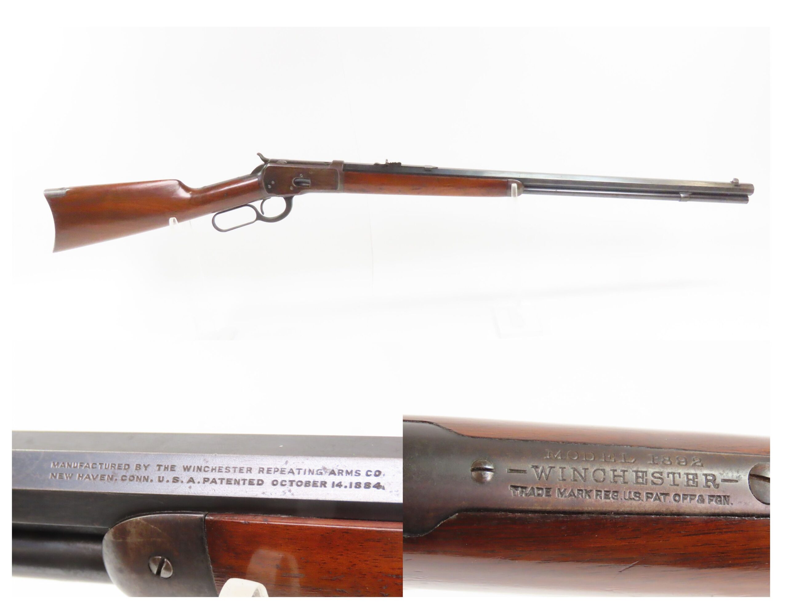 Full-length view of a Winchester Model 1892 lever-action rifle with detail insets showing the manufacturer rollmark and Model 1892 Winchester receiver marking.