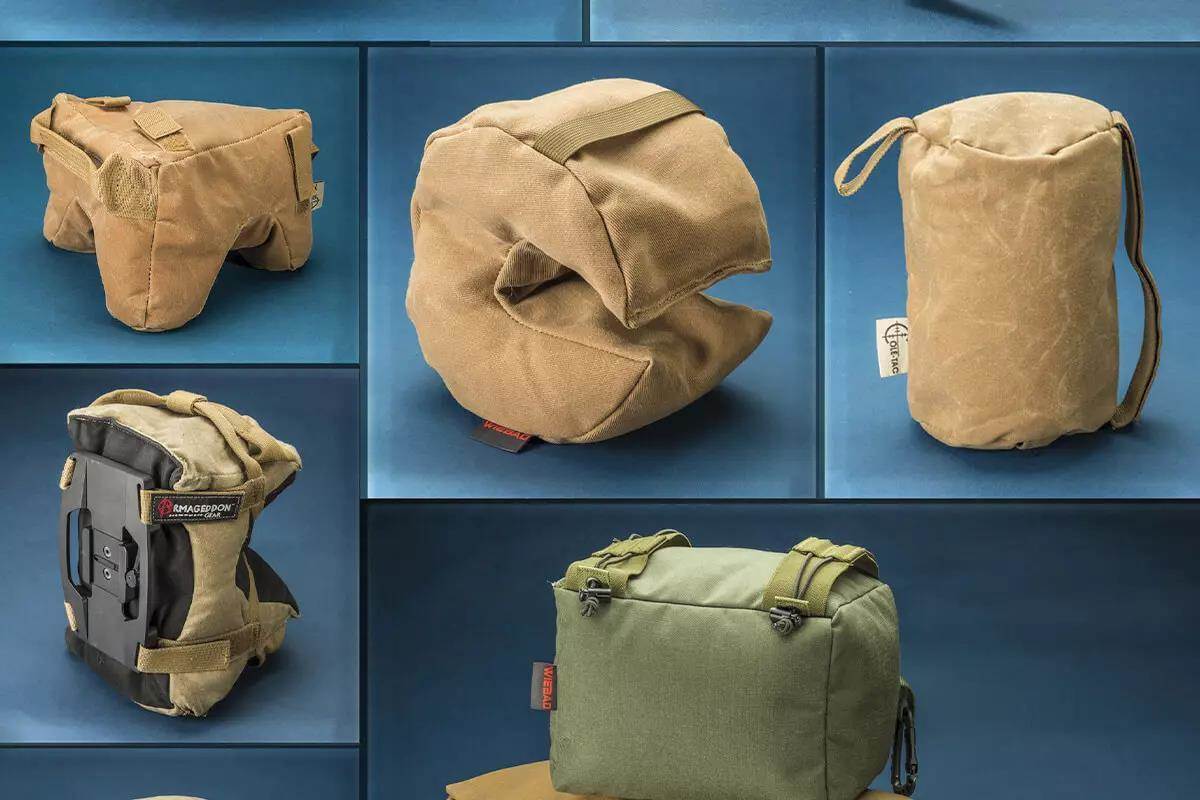 Five shooting bags arranged in a grid on a blue background, including tan waxed canvas bags from Wiebad and a tan-and-black bag from Armageddon Gear, plus an olive drab rectangular bag.