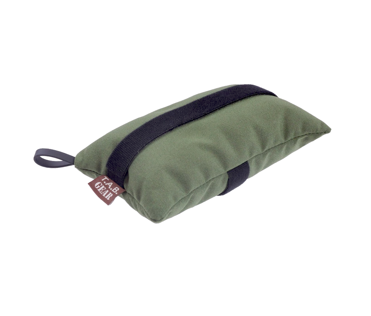 Olive drab T.A.B. Gear shooting rear bag with black hook-and-loop strap and rubber pull tab on white background.