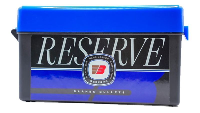 Box of Barnes Bullets Reserve premium hand-loaded ammunition in a blue and black flip-top container.