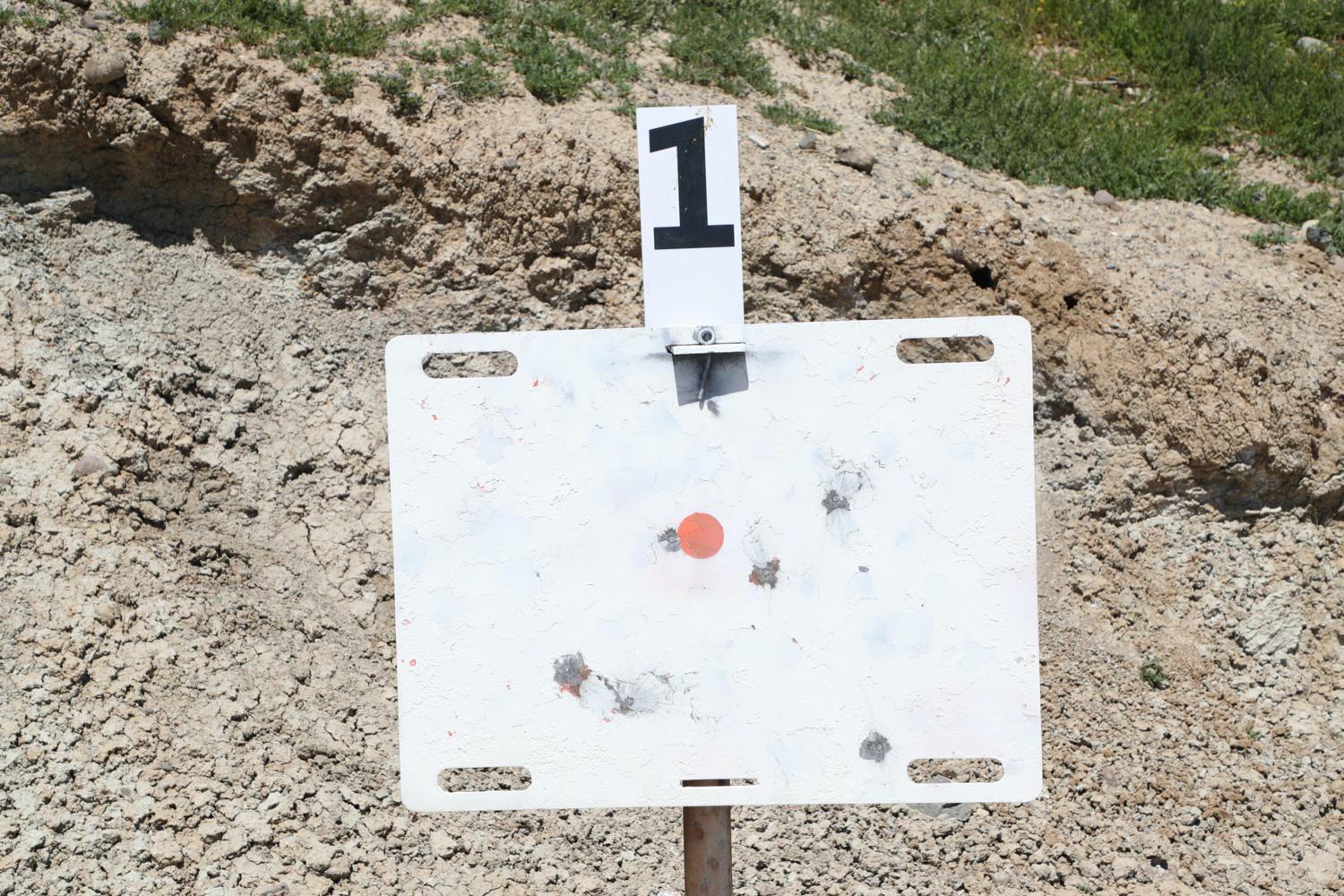 White painted steel shooting target numbered 1 mounted on a post in front of a dirt berm, showing multiple bullet impact marks and an orange paint hit indicator.