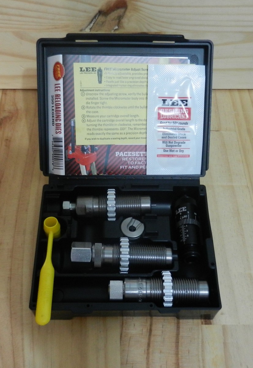 Lee Precision Pacesetter reloading die set for 350 Legend in open plastic case with resizing lubricant packet and yellow wrench tool.