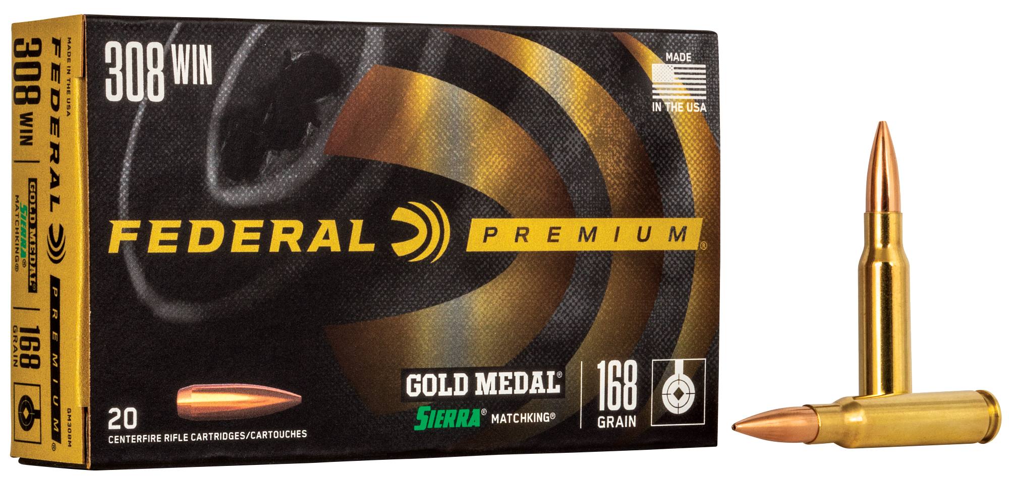 Box of Federal Premium Gold Medal Match .308 Winchester 168-grain Sierra MatchKing ammunition with two loose cartridges displayed beside it.