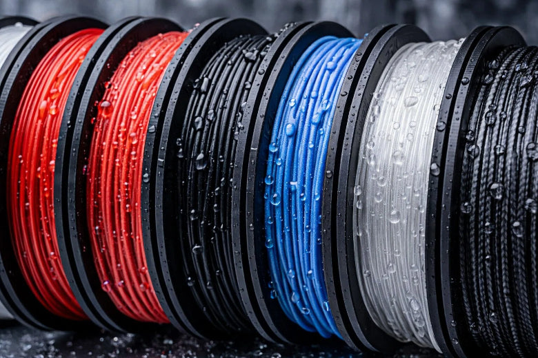 Five spools of 3D printing filament in red, black, blue, white, and black colors with water droplets on the surface, arranged in a row.