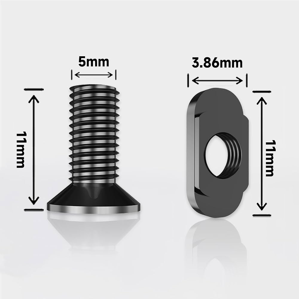 Diagram of an M-LOK flathead screw (5mm diameter, 11mm tall) and T-nut (3.86mm wide, 11mm tall) with measurement annotations, shown on a white background.