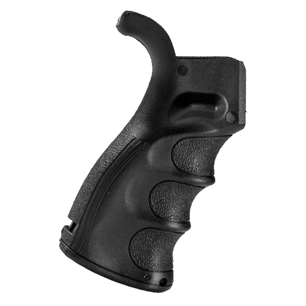 Black polymer AR-15 pistol grip with finger grooves and beaver tail, shown on white background.